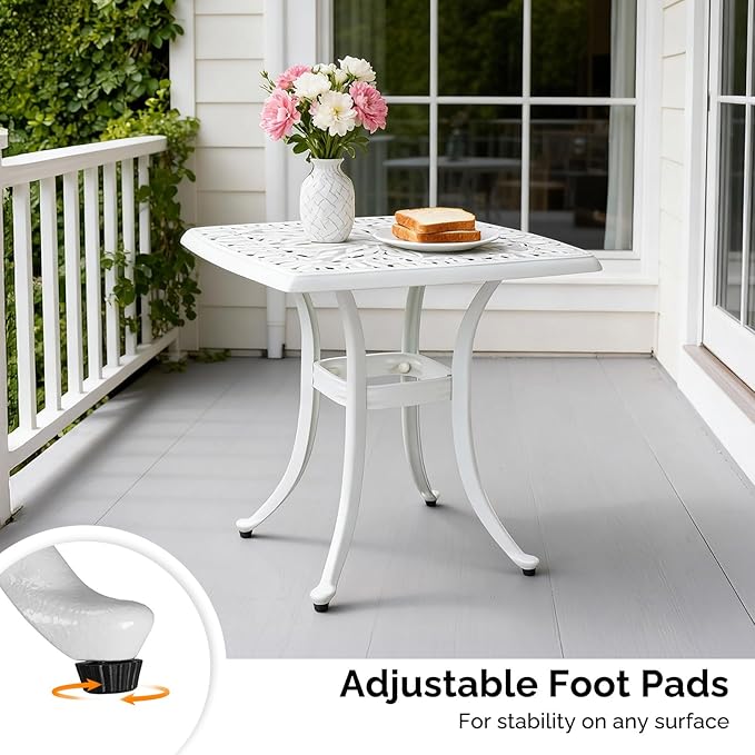 VINGLI 21” Cast Aluminum Outdoor Side Table with 1.6” Umbrella Hole, All Weather Square Patio Coffee Table Bistro Table End Table for Yard Porch Poolside(White)…