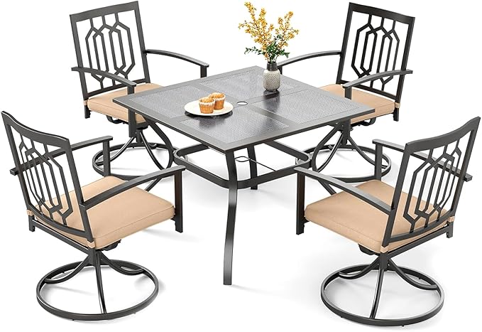 PHI VILLA 5 Pieces Outdoor Dining Set for 4, 37” Square Wrought Iron Table with Mesh Tabletop & Swivel Metal Steel Chairs with Cushions, Outside Furniture Set for Patio, Porch, Deck, Backyard