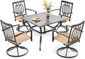 PHI VILLA 5 Pieces Outdoor Dining Set for 4, 37” Square Wrought Iron Table with Mesh Tabletop & Swivel Metal Steel Chairs with Cushions, Outside Furniture Set for Patio, Porch, Deck, Backyard
