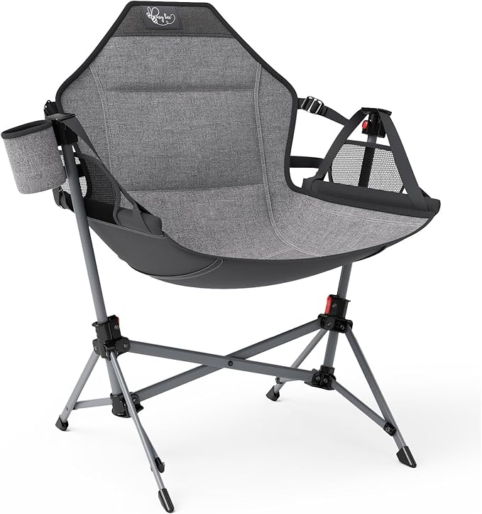 BusyBee Hammock Camping Chairs for Kids, Folding Kids Chair with Stand, Child Camping Gear, Hammock Swing Chair with Cup Holder & Carrying Bag for Outdoor, Lawn, Hiking, Indoor, Supports 125 LBS, Grey