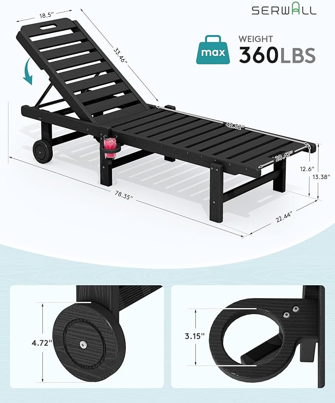 SERWALL Outdoor Chaise Lounge Set of 8, HDPE Pool Lounge Chairs with 5-Position Adjustable Backrest, Patio Loungers with Rolling Wheels & Cup Holder for Pool Sunbathing, Black