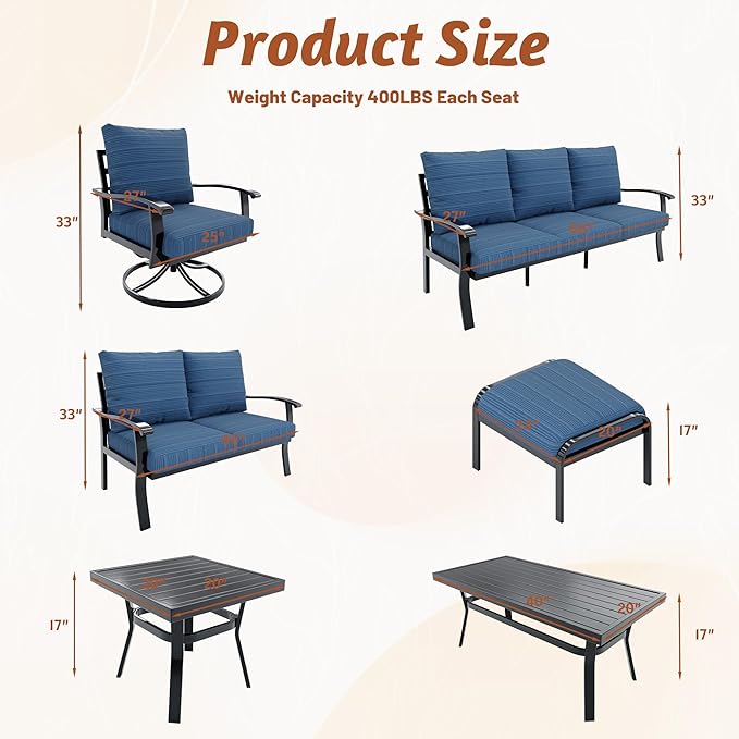 HOMREST Metal Outdoor Ottoman, 2-Piece Aluminum Footstool w/Removable Cushion, Multipurpose Footrest Stool Additional Seating, Set of 2 Outdoor Ottomans for Patio Deck (Blue)
