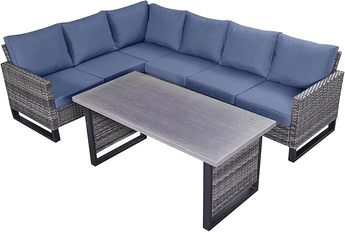 Belord Outdoor Sectional Sofa 6 Seater L Shaped Couch Wicker Patio Conversation Furniture Set with Tree-Grain Finish Metal Dining Table, Rattan Outdoor Furniture with Removable Washable Cushion Blue