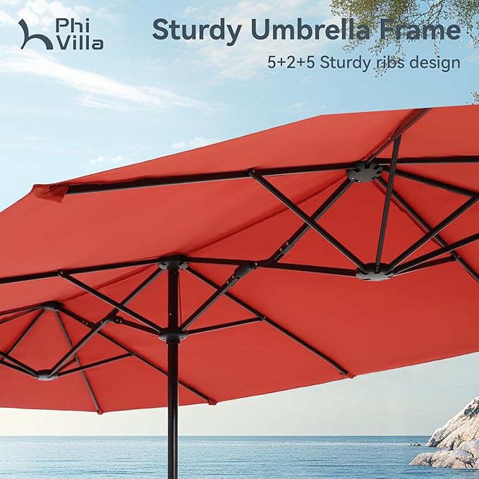PHI VILLA 8 Piece Patio Dining Set with 13ft Patio Umbrella (Orange Red), 6 Outdoor Swivel Dining Chairs & 1 Large Metal Dining Table with 1.57" Umbrella Hole, for Deck Lawn Garden