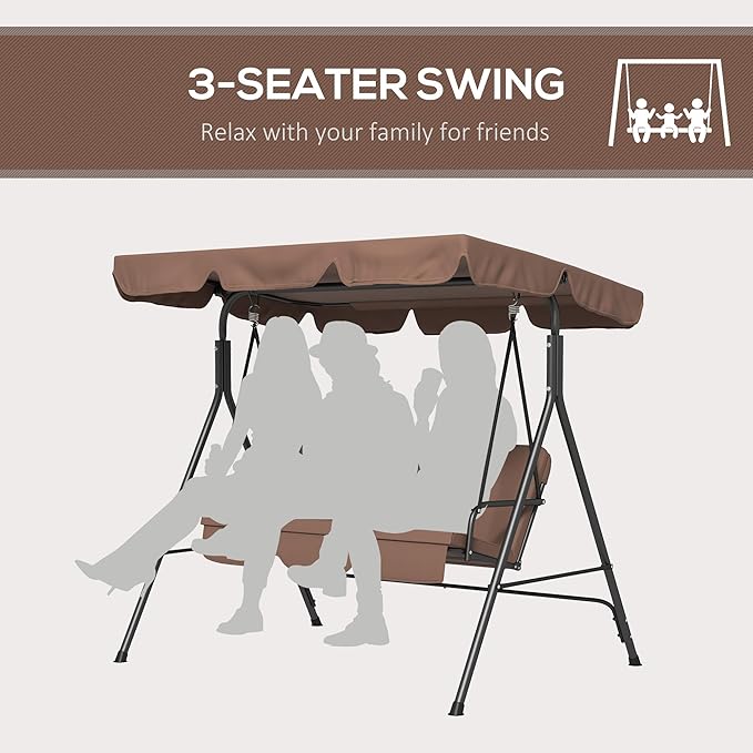 Outsunny 3-Seat Outdoor Patio Swing Chair with Removable Cushion, Steel Frame Stand and Adjustable Tilt Canopy for Patio, Garden, Poolside, Balcony, Backyard, Brown