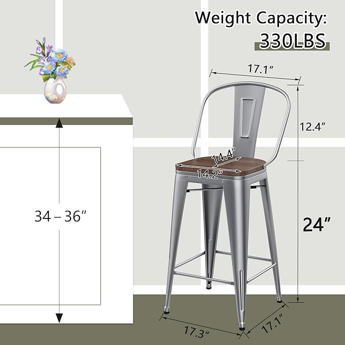 Yongqiang 24 inch Bar Stools Set of 4 Metal Kitchen Counter Height Bar Chairs Barstools with Large Wooden Seat, High Back Silver