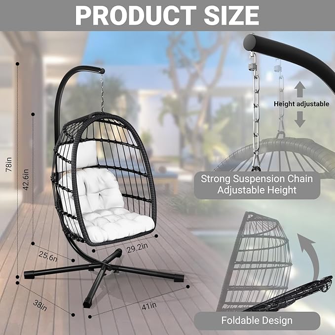 CHABATREE Egg Chair with Stand,Patio Rattan Wicker Hanging Swing Egg Chair Hammock Chair for Bedroom Porch Garden,Thickened Aluminum Alloy Steel Frame and UV Resistant Cushion,350LBS Capacity