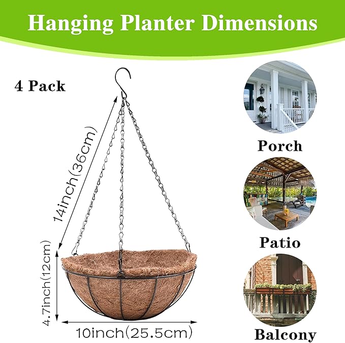 Metal Hanging Planters Basket Set of 4 Hanging Flower Pots 10 Inch Chain Round Wire Plant Holder with Coco Coir Liner Garden Watering Hanging Baskets for Patio Garden Outdoor1