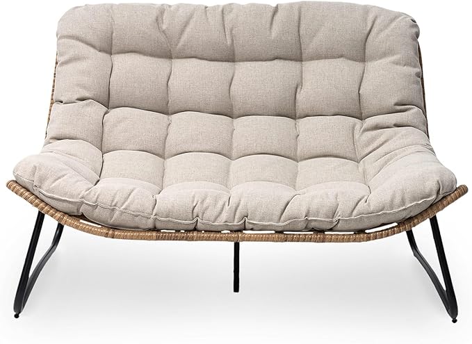 Crestlive Products Outdoor Loveseat 3PCS, Outdoor Sofa Set, All-Weather Boho Rattan Patio Furniture with Soft Cushion for Balcony, Poolside, Backyard (Without Table)