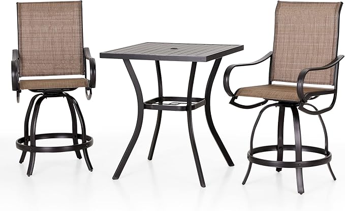 PHI Villa 3 Piece Outdoor Bar Set, Counter Height Patio Bar Bistro Table and Swivel Bar Stools Chairs with All Weather Brown Textilene Fabric for Garden, Yard, Poolside