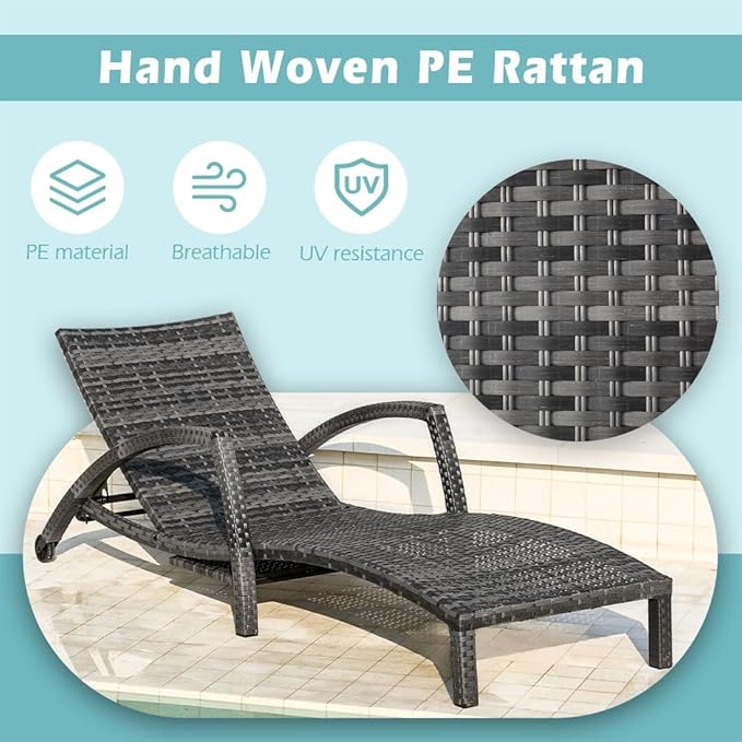 Chaise Lounge Chairs Outdoor Set of 6, Comfy Outside Wicker Patio Pool Lounge Chair w/ 5 Adjustable Back Angle, Cup Holder, Thicken Cushion