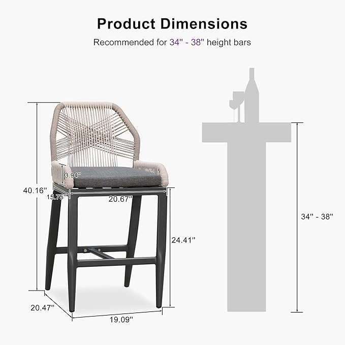 PURPLE LEAF Patio Bar Stool Counter Height Set of 2 Outdoor Rattan Chairs with Back Modern Aluminum Woven Barstools for Garden Indoor Kitchen Gray