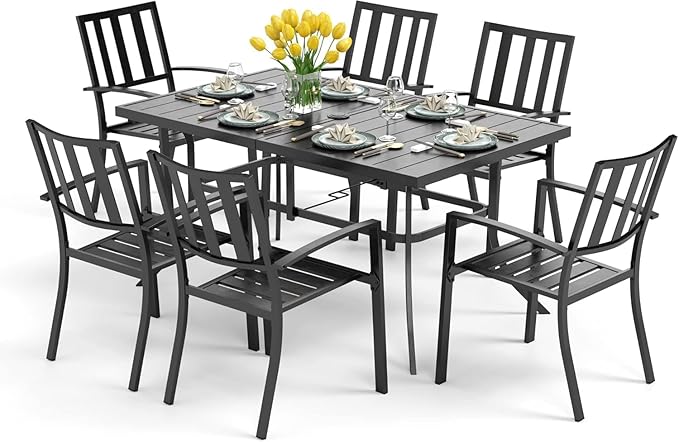 PHI VILLA 7 Piece Outdoor Dining Set for 6, 60” Rectangular Metal Steel Table with Umbrella Hole & Stacking Wrought Iron Chairs, Large Furniture Set for Patio, Deck, Yard - Black