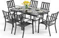 PHI VILLA 7 Piece Outdoor Dining Set for 6, 60” Rectangular Metal Steel Table with Umbrella Hole & Stacking Wrought Iron Chairs, Large Furniture Set for Patio, Deck, Yard - Black