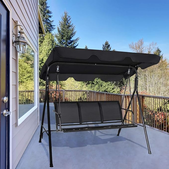 TANGKULA 3 Person Patio Swing, Steel Frame with Polyester Angle Adjustable Canopy, All Weather Resistant Swing Bench, Suitable for Patio, Garden, Poolside, Balcony (Black)