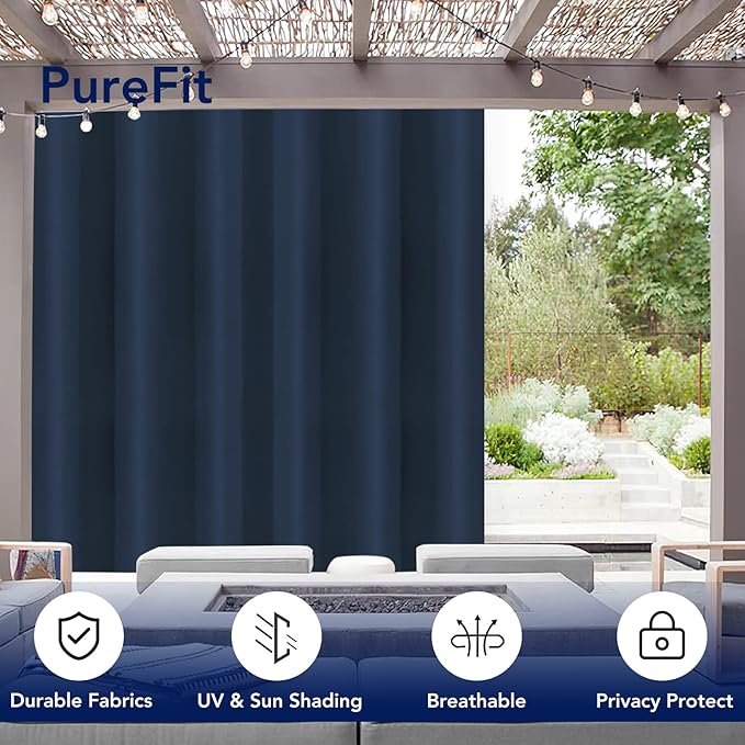 PureFit Outdoor Curtains for Patio Waterproof Weatherproof, UV Resistant Outside Curtains for Gazebo, Front Porch, Pergola, Sun Blocking Privacy Curtain, 100W x 108L inch, 1 Panel, Navy Blue