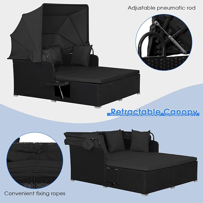 RELAX4LIFE Patio Outdoor Daybed with Canopy, Wicker Sunbed w/Cushions, 4 Pillows & 2 Retractable Side Trays, 2-Person Lounge Bed Conversation for Poolside Porch Garden, Rattan Outdoor Bed (Black)