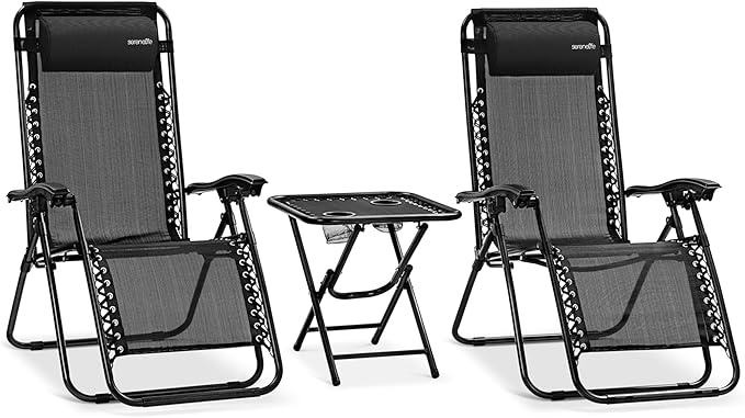 SereneLife Outdoor Zero Gravity Lounge Chair Set with Table – 2 Adjustable Recliners with Cup Holders, Headrest, Steel Frame & Foldable Design for Patio, Pool, Garden, or Camping