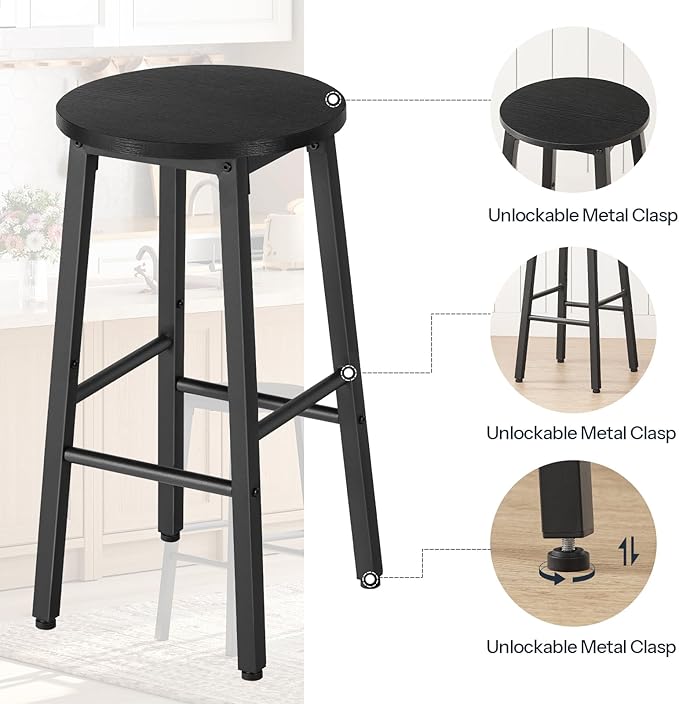 HOOBRO Bar Stools, Bar stools Set of 2,Counter Height Bar Stools, 24.8" Barstools for Kitchen Island, Industrial Kitchen Bar Chairs, for Dining Room, Bar, Black BB07BY01G1N2
