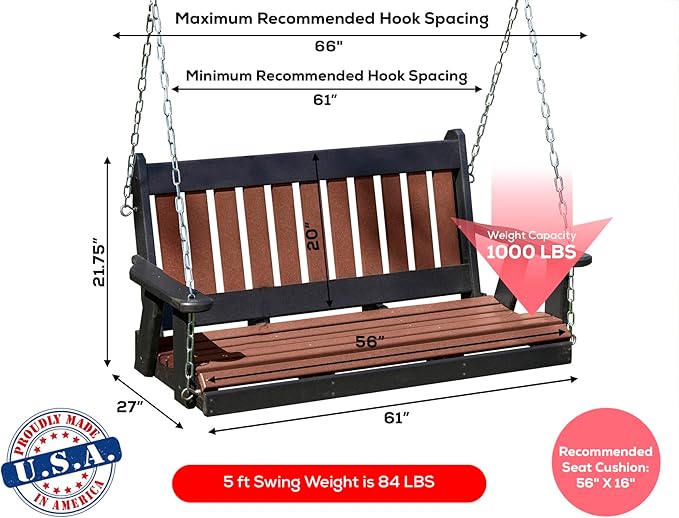 Mission Poly Lumber Wood 5FT Porch Swing Amish Craftsmandship Made in USA HDPE with No Wood fibers 1000 lbs Limit. Stainless Steel Hardware.Signature Design for Patio Outdoor Backyard Garden Park