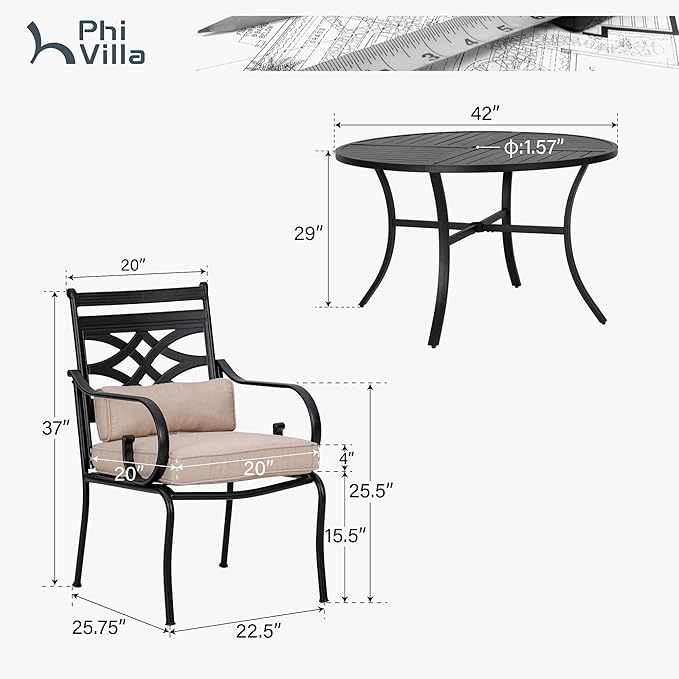 PHI VILLA 5 Pieces Outdoor Dining Set for 4, 42" Round Black Metal Table with Umbrella Hole & Wrought Iron Chairs, Rustproof Large Outside Furniture with Cushions & Pillows for Patio, Deck, Porch
