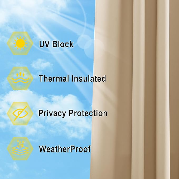 NICETOWN Waterproof Outdoor Curtain 84 inch Long, 66" Wide Stainless Grommet Sunlight Blocking Window Treatment Drape Blackout Curtains for Gazebo/Patio Porch/Pergola/Cabana (Biscotti Beige, 1 Panel)