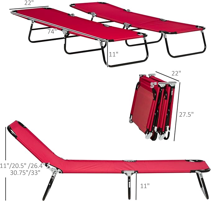 Outsunny 2 Piece Folding Chaise Lounge Pool Chairs, Outdoor Sun Tanning Chairs with 5-Level Reclining Back, Steel Frame for Beach, Yard, Patio, Red