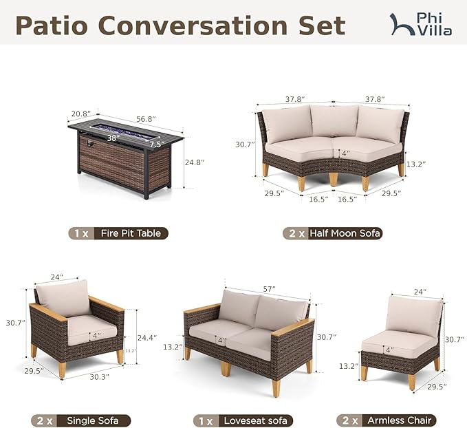 PHI VILLA Half-Moon Patio Furniture Set with 56" Fire Pit Table, 8-Piece Wicker Outdoor Curved Sectional Sofa, Large Conversation Seating for Garden or Backyard, Beige