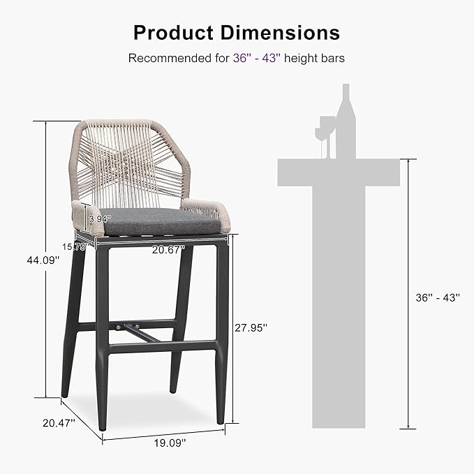PURPLE LEAF Patio Bar Stool Bar Height Set of 2 Outdoor Rattan Chairs with Back Modern Aluminum Woven Barstools for Garden Indoor Kitchen Gray