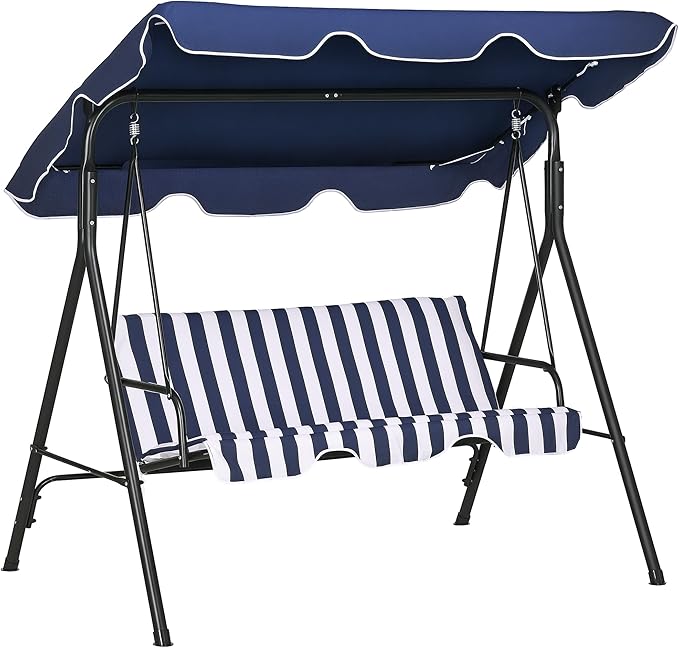 Outsunny 3-Seat Outdoor Patio Swing Chair with Removable Cushion, Steel Frame Stand and Adjustable Tilt Canopy for Patio, Garden, Poolside, Balcony, Backyard, Dark Blue