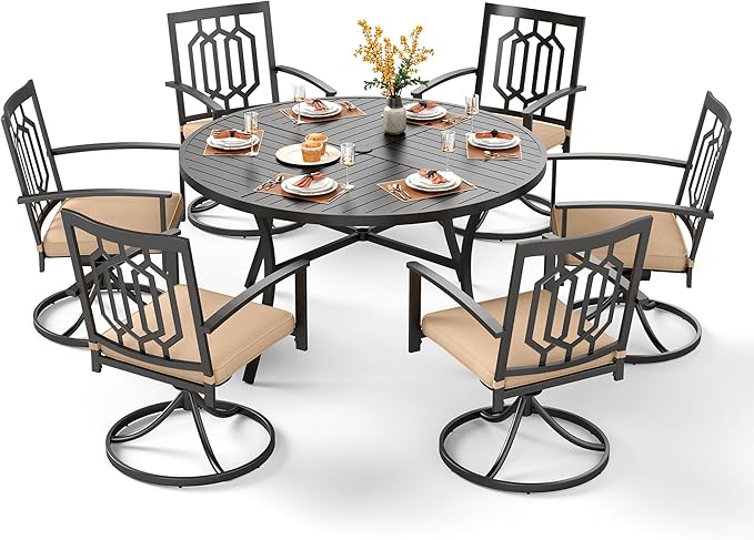 PHI VILLA 7 Pieces Round Outdoor Dining Set for 6, 54" Black Wrought Iron Table with Umbrella Hole & Swivel Metal Steel Chairs, Outside Furniture Set for Patio, Porch, Deck, Backyard