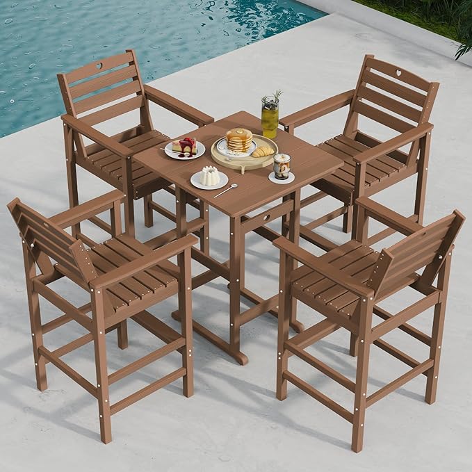 Patio Bar Table,Adirondack Chairs and Table 2 Pieces Set, Bar Height Chairs Set of 2, Outdoor Bar Stools Set,Weather-Resistant Outdoor Furniture for Deck, Balcony, Poolside Easy Assembly