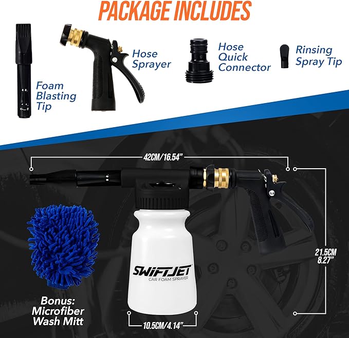 SwiftJet Car Wash Foam Sprayer Gun with Microfiber Wash Mit - Adjustable Water Pressure & Soap Ratio Dial - Foam Cannon Attaches to Any Garden Hose (Foam Sprayer with Wash Mit (Black))
