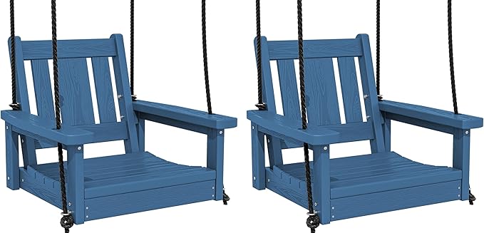 SERWALL HDPE Single Porch Swing Set of 2, Heavy Duty Single Person Swing Chair with 2 Polypropylene Hanging Ropes, Adirondack Hanging Chair for Outdoor Front Porch Patio Garden Yard, Blue