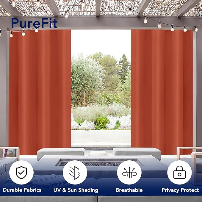 PureFit Outdoor Curtains for Patio Waterproof Weatherproof, UV Resistant Outside Curtains for Gazebo, Front Porch, Pergola, Sun Blocking Privacy Curtain, 52W x 120L inch, 1 Panel, Red Clay
