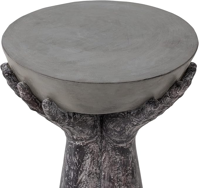 COSIEST Set of 2 Outdoor Side Table, Two Hands-Shaped Base w Round Top Accent Table, Lightweight Plant Stand, Concrete Finish