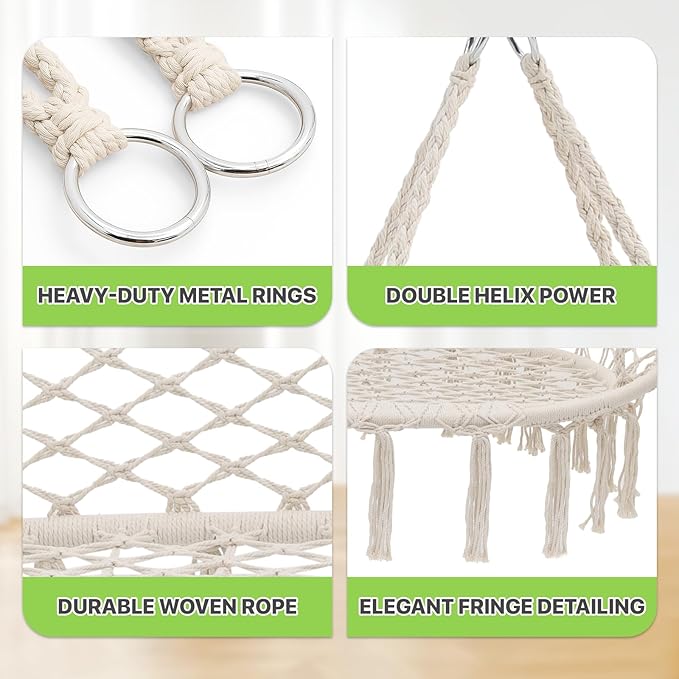 Magshion Double Hammock Swing Chair with 3 Cushions, 700 lbs Capacity, Macrame Hanging Bench for Indoor & Outdoor Use, Cotton Woven Mesh Porch Hanging Rope Swing, Beige