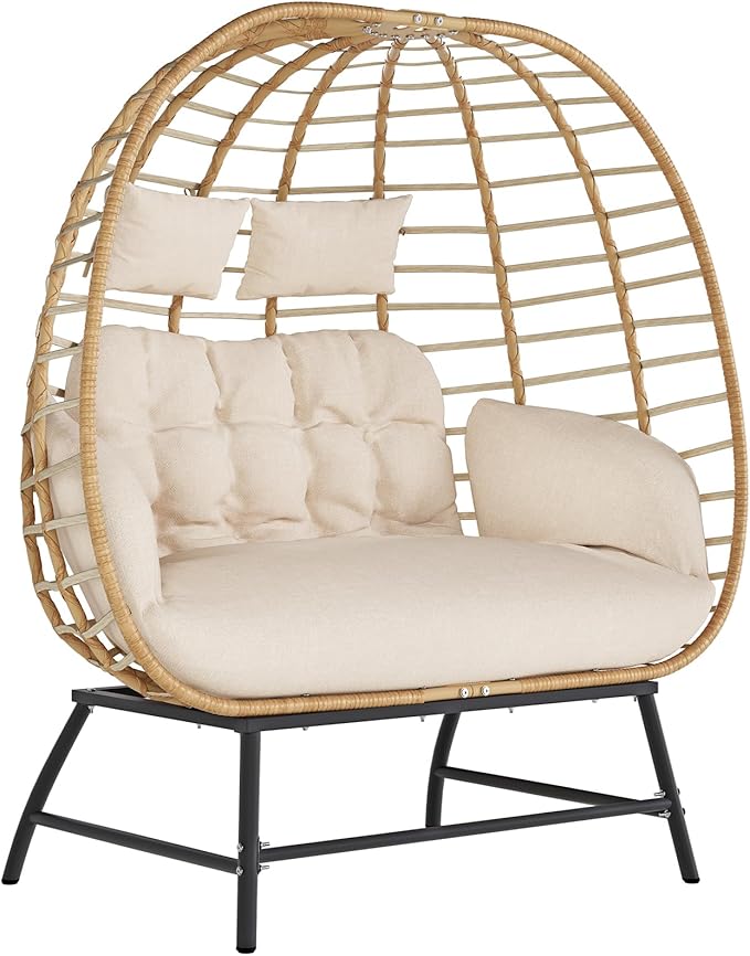 SWITTE Double Wicker Egg Chair Outdoor, Indoor 2-Person Papasan Loveseat with Thick Cushions, Oversized Patio Lounge Chair, 680 lbs Capacity for Balcony, Porch, Backyard-Beige