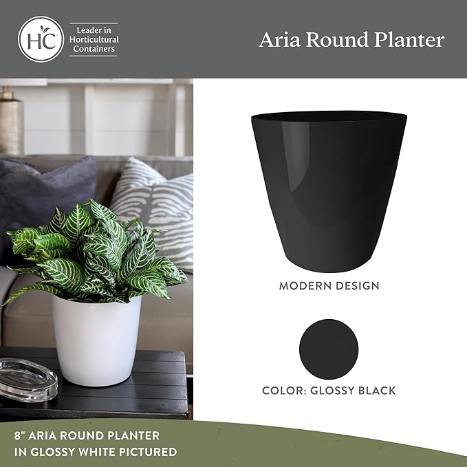 The HC Companies Aria Round Self-Watering Pot - Lightweight Plastic Planter for Herbs & More - Durable Plant Pots for Indoor Plants & Outdoor Plants (8" Glossy Black, Pack of 1)