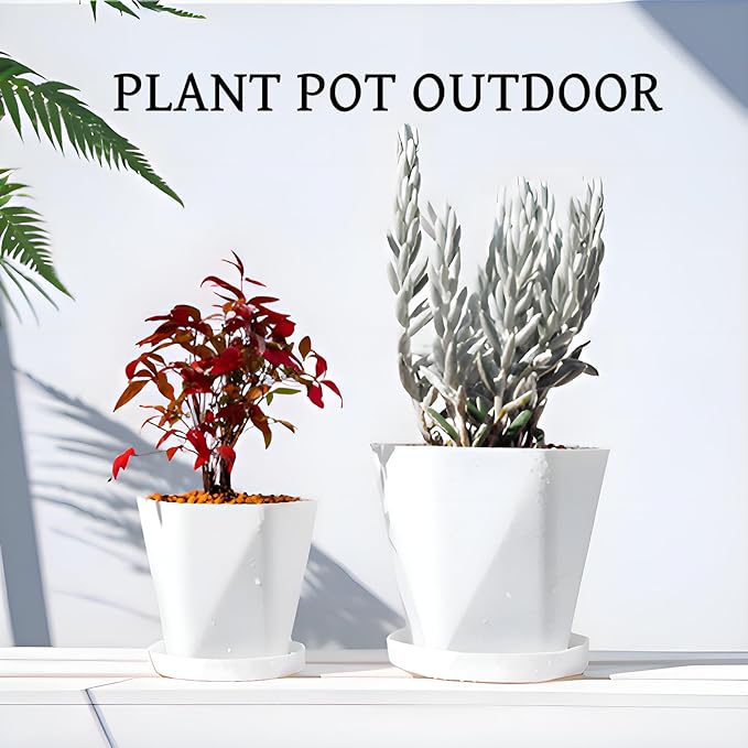 InmeRun Plant Pots Indoor Plastic Flower Pots Outdoor 7 inch Set of 6 Pack with Drainage Holes and Saucers for Garden Pots (7 in 6 White)