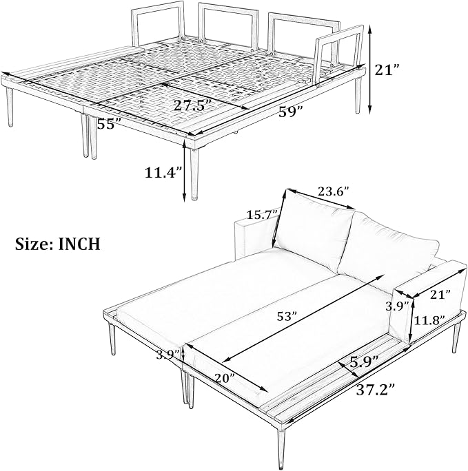 Outdoor Patio Metal Daybed with Wood Topped Side for Drinks, 2 in 1 Padded Chaise Lounge Chair with Cushions & Pillows, Outdoor Double Sun Lounger for Lawn Garden Poolside, Beige