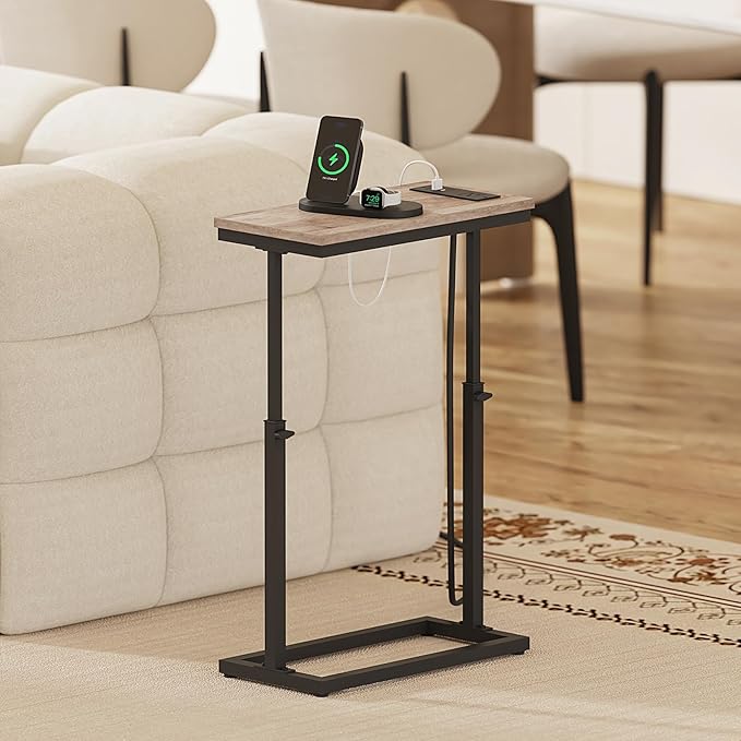 TUTOTAK End Table with Charging Station, Side Table, Tall Couch Table, Sofa Table, Living Room, Bedroom,Greige TB01BG084