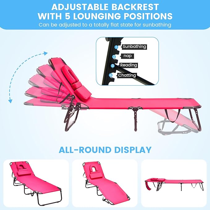 GYMAX Tanning Chair, 350lbs Beach Lounge Chair with Face Hole, Detachable Washable Pillow & Carry Strap, Adjustable Folding Chaise Lounge, Layout Chair for Outside, Patio, Poolside, Lawn (2, Pink)