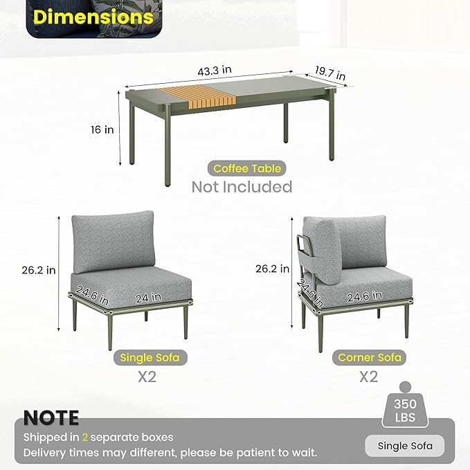 Sundale Outdoor 4 Pieces Patio Furniture Set, Metal Sectional Sofa Patio Conversation Set with 6 Inch Cushions, Modern Patio Corner Couch for Balcony, Porch, Sunroom