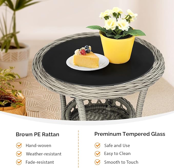 VINGLI Outdoor Wicker Side Table, Patio Side Tables for Outside Tempered Glass Top Wicker Table with Storage End Table for Balcony Porch Deck (Grey)