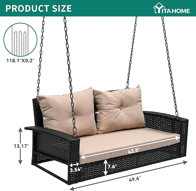 YITAHOME Wicker Hanging Porch Swing Chair 2-Seats Outdoor Black Rattan Patio Swing Lounge w/ 2 Back Cushions Capacity 530lbs for Garden, Balcony, Living Room, Beige