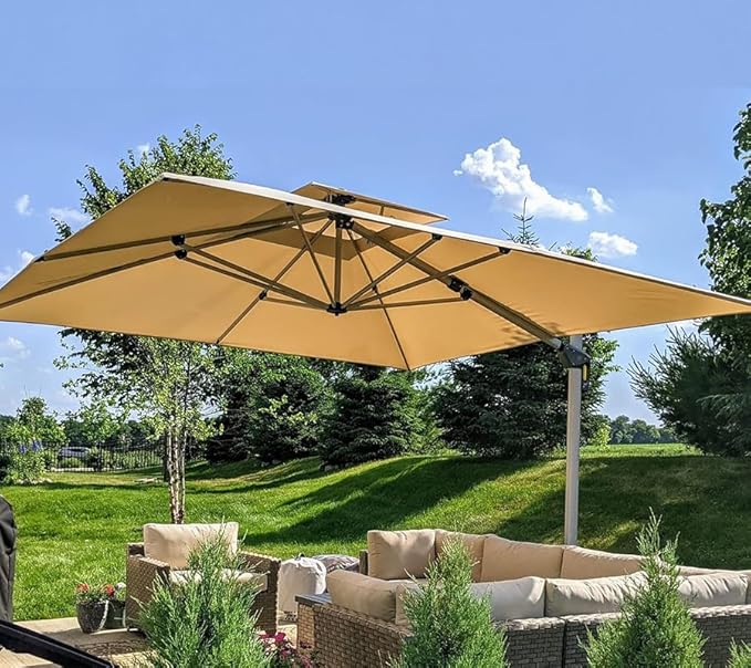 PURPLE LEAF 11 Feet Double Top Deluxe Square Patio Umbrella Offset Hanging Umbrella Outdoor Market Umbrella Garden Umbrella, Beige