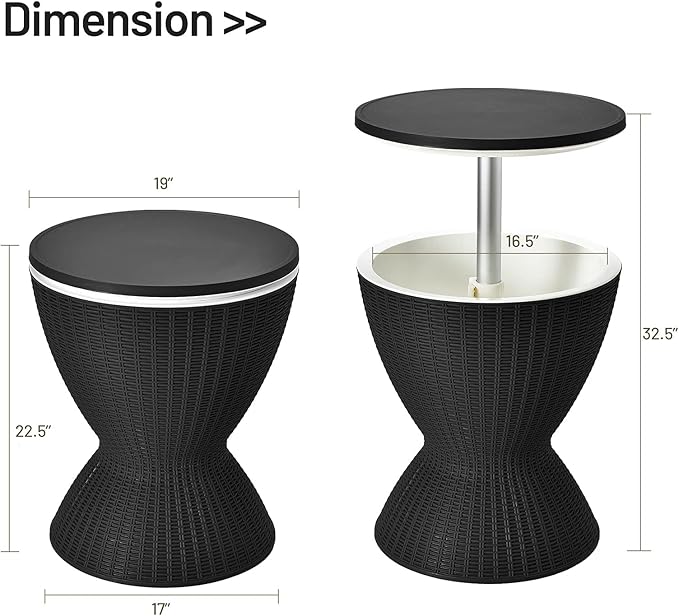 Tangkula Outdoor Cool Bar Table, Rattan Patio 8 Gallon Beer and Wine Cooler, All-Weather Ice Bucket w/Height Adjustable Top, Drainage Plug, 3-in-1 Cocktail Coffee Table for Party, Picnic (Black)