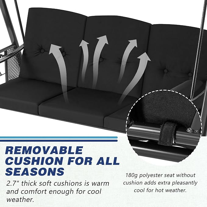 U-MAX 3-Seat Porch Swing Chair Steel Frame, Patio Swing Chair with Stand and Removable Cushions, Outdoor Canopy Swing Chair for Outside, Backyard, Garden, Black Cushion