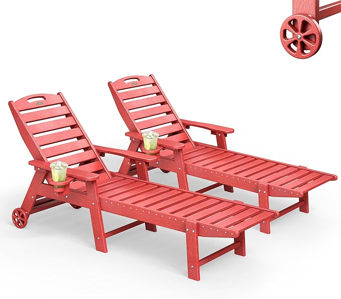 Lounge Chair Outdoor Set of 2, HDPE Chaise Lounge Outdoor, Pool Lounge Chair for Pool Poolside Deck Backyard Patio, Red